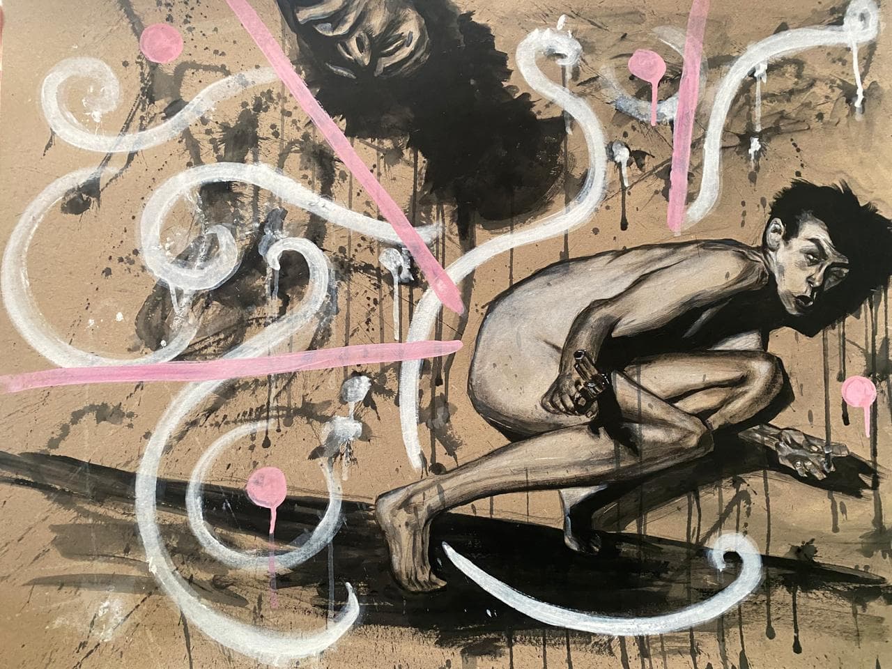 Expressive painting by Zalvador Pineda with charcoal figures and pink brushstrokes